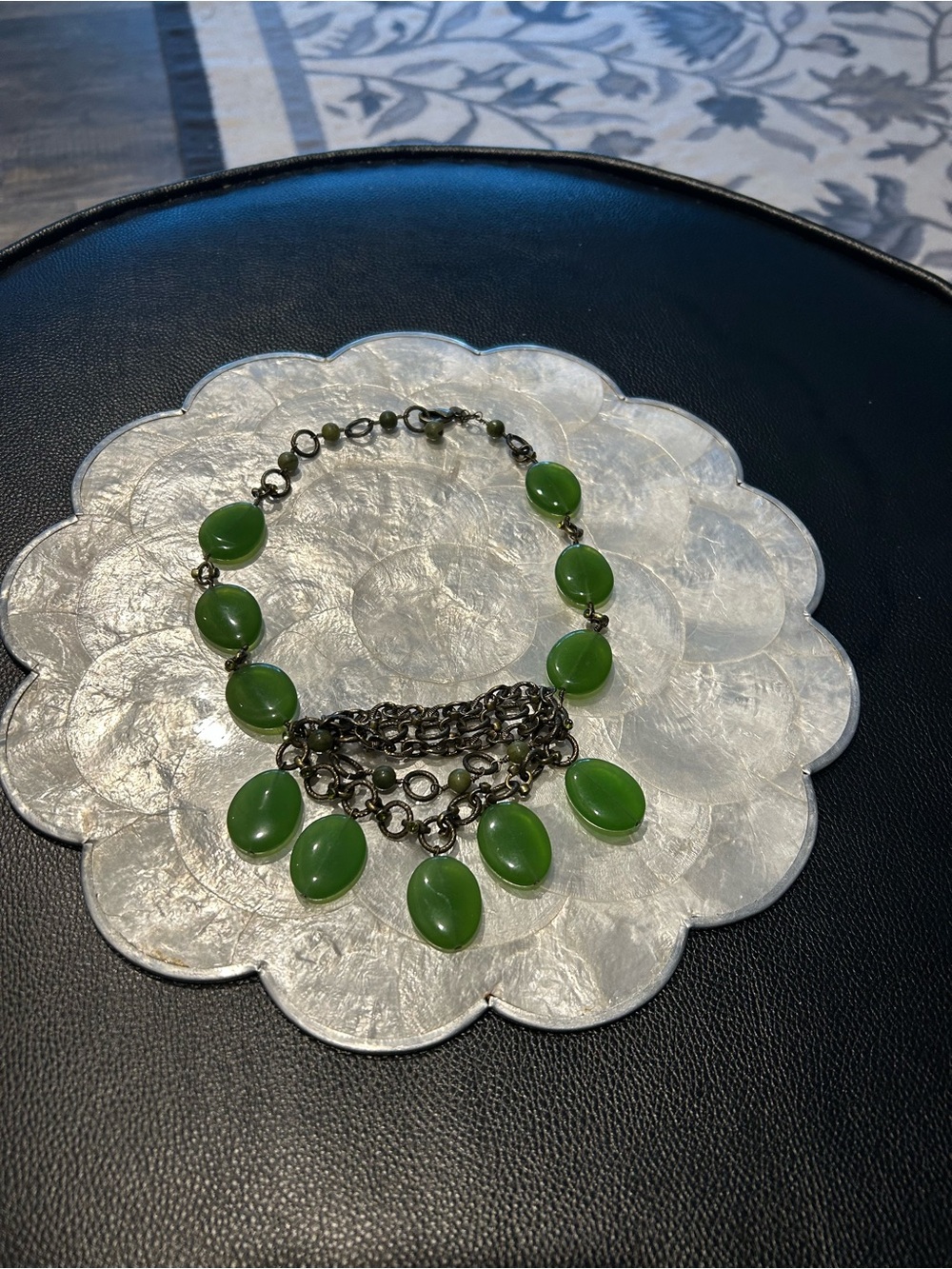 Vintage Jade Green Bead Drop Necklace with Rhinestone and Brass Chains